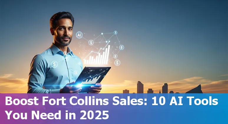 Sales professional using AI tools (ChatGPT, Copy.ai, Midjourney) on laptop with Fort Collins skyline in background.