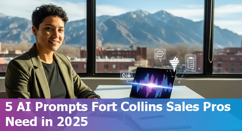 Laptop with AI prompts for sales, Fort Collins skyline and local industry icons in the background