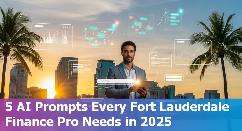 Fort Lauderdale finance professional using AI prompts on a laptop with city skyline in the background