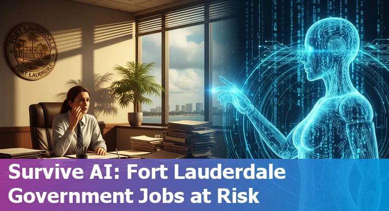 Fort Lauderdale city hall with overlay icons for budget, loans, accounting, legal, and admin showing AI risk and adaptation