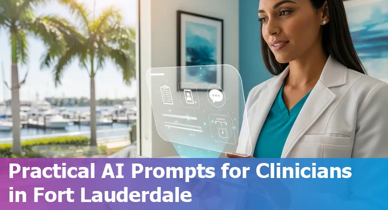 Doctor using AI-powered tablet showing healthcare dashboards and Fort Lauderdale skyline in background