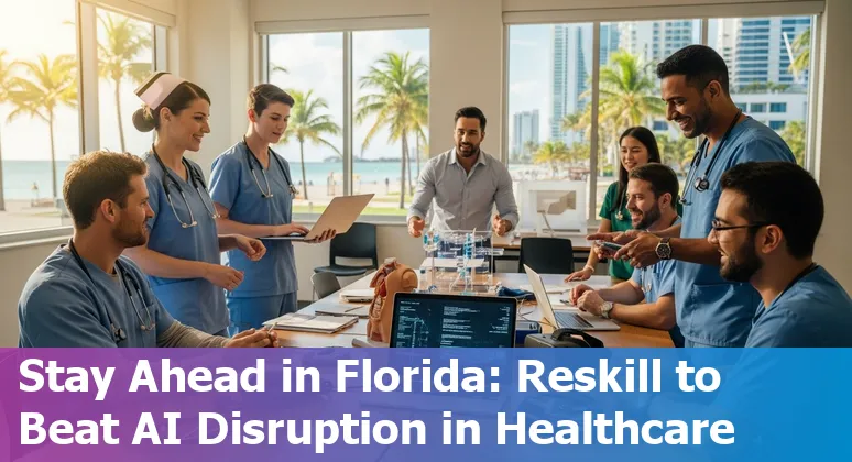 Fort Lauderdale healthcare worker with tablet, AI icons overlay showing automation risks