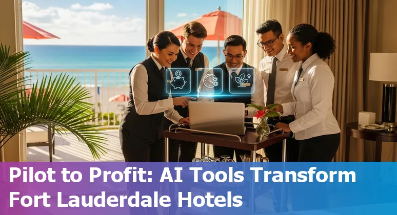 Hotel lobby kiosk with AI chatbot screen in Fort Lauderdale, Florida hotel, showing staff and guests interacting.