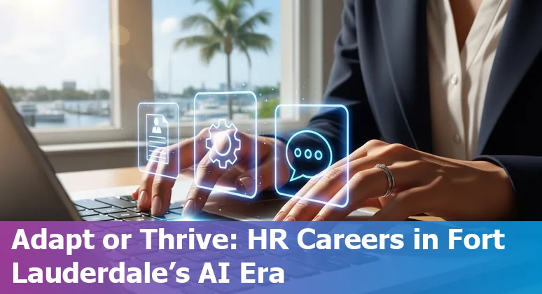 Fort Lauderdale, Florida HR professional using AI tools while collaborating with colleagues on reskilling and ethics.