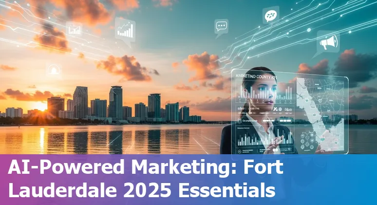 Marketing professional using AI tools on a laptop in Fort Lauderdale, FL skyline visible