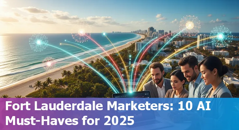 Fort Lauderdale marketer using AI tools—laptop with ChatGPT, Claude, Copilot icons and city skyline in background.