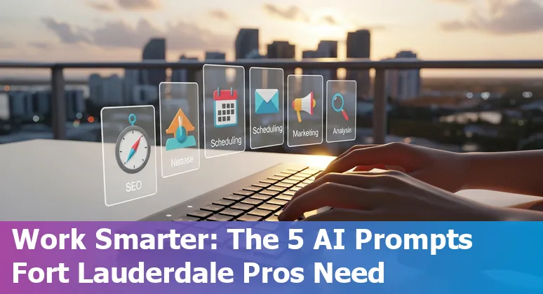 Marketing professional using AI prompts on a laptop with Fort Lauderdale beach in the background