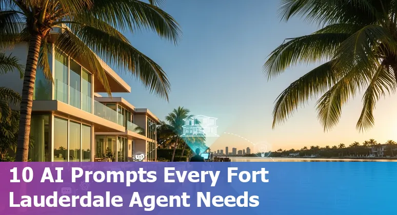 Fort Lauderdale real estate agent using AI prompts on a laptop with beachfront properties in the background.