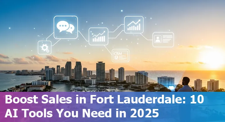 Sales professional using AI tools on laptop with Fort Lauderdale skyline in background.