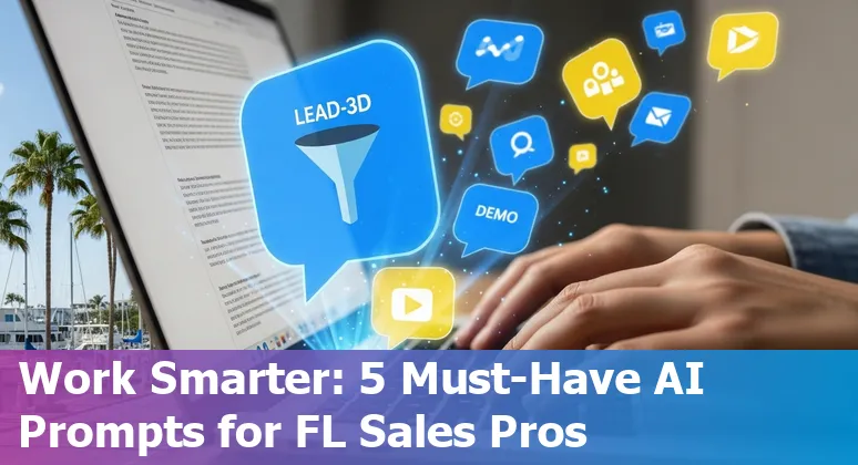 Sales professional using AI prompts on laptop at Fort Lauderdale office with boat show VR backdrop