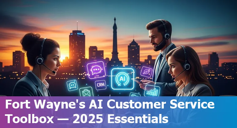 Customer service professional using AI chat and call analytics on a laptop in Fort Wayne office.