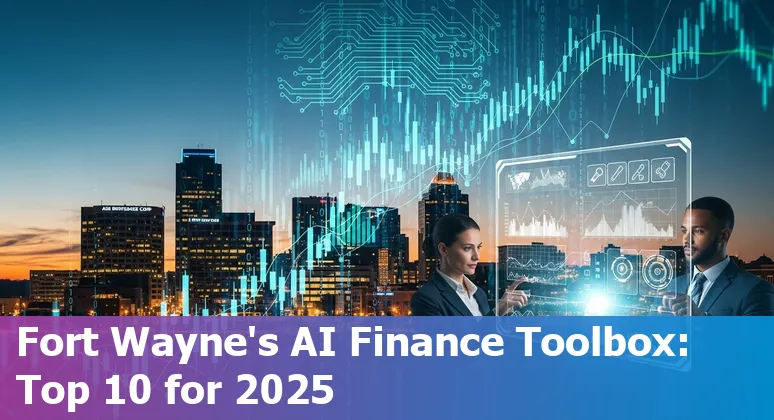Collage of AI tools logos over Fort Wayne skyline with finance icons (invoices, charts, tax forms).