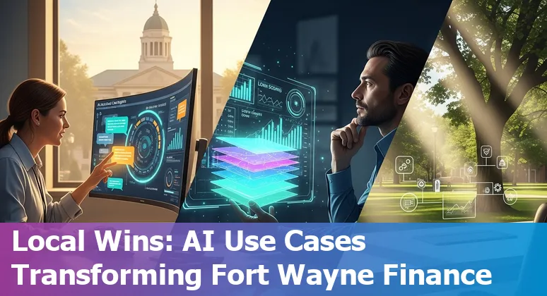 Fort Wayne skyline with AI financial icons: budget, portfolio, credit monitor, fraud shield.