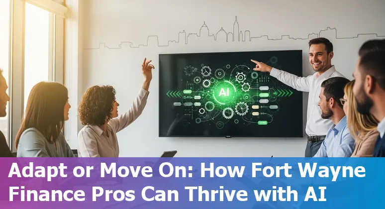 Fort Wayne banker at a desk with AI icons overlay showing automation risk and adaptation steps