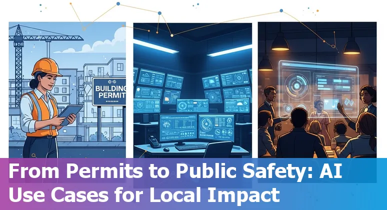 Illustration of Fort Wayne city hall surrounded by AI icons representing chatbots, analytics, and security.