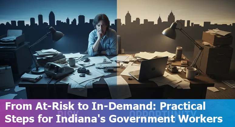 Fort Wayne city hall with overlay icons for AI, customer service, records, grants, finance, and translation.