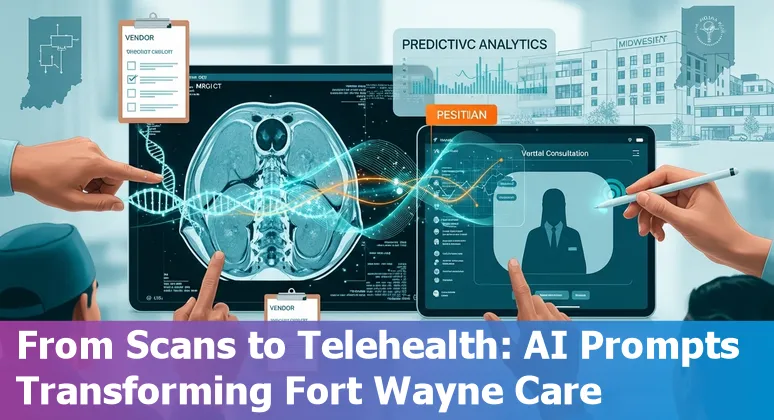 Healthcare AI in Fort Wayne: radiology, telemedicine, wearables, and hospital campuses with AI icons