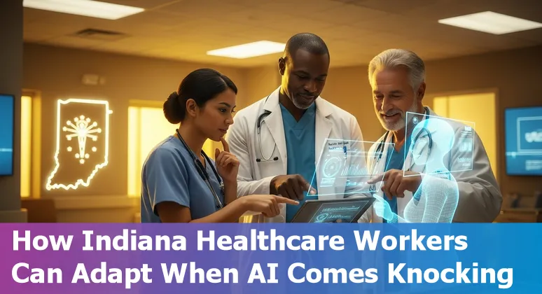Fort Wayne healthcare professionals discussing AI impact in a clinic setting with icons for retraining and certifications.