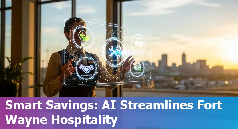 Hotel lobby with AI kiosk and staff in Fort Wayne, Indiana, US