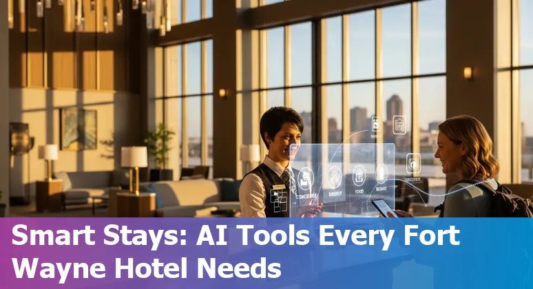 Hotel staff using AI tools on a tablet with Fort Wayne skyline in the background