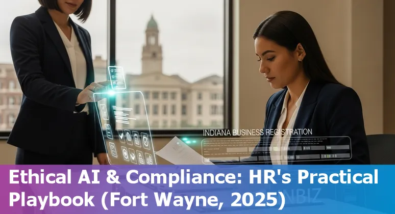 HR professional using AI tools in an office in Fort Wayne, Indiana with Indiana compliance and INBIZ documents visible