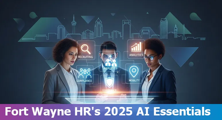 HR professional using AI recruiting and analytics tools on laptop with Fort Wayne skyline in background