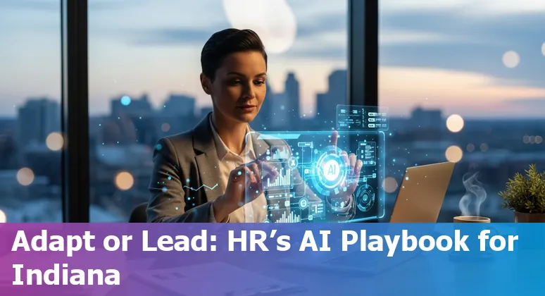 HR professional using AI tools in an office with Fort Wayne, Indiana skyline visible, representing AI and HR in Fort Wayne, Indiana.
