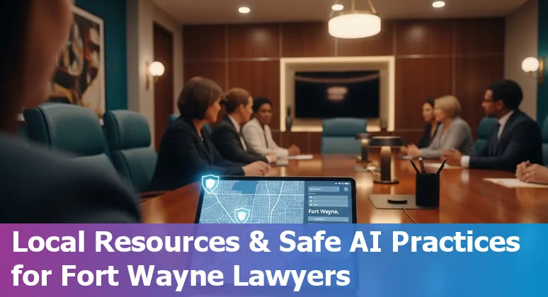 Legal professional using AI tools on a laptop in Fort Wayne, Indiana, with downtown Fort Wayne visible