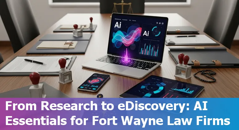 Collage of AI legal tools logos with Fort Wayne skyline and Purdue Fort Wayne campus in the background