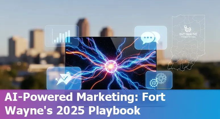 Marketing professional using AI tools on a laptop in Fort Wayne, Indiana skyline background
