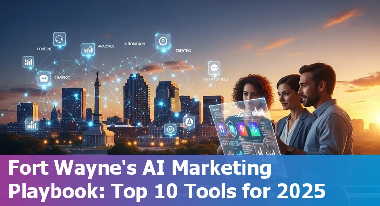 Collage of AI marketing tools logos (ChatGPT, Jasper, HubSpot, Surfer, Hootsuite, Adobe Firefly, Optimizely, Drift, GA4, Twilio Segment) over Fort Wayne skyline.