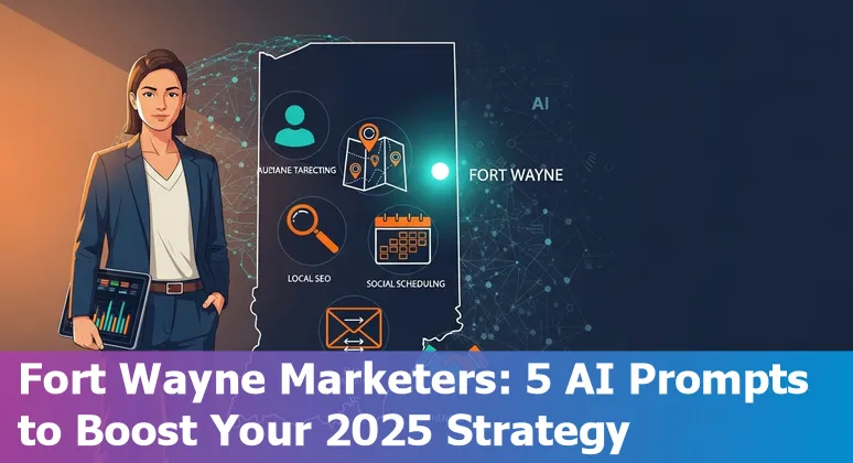 Marketing professional using AI prompts on laptop with Fort Wayne skyline and Purdue Fort Wayne in background