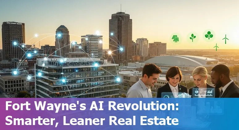 Fort Wayne, Indiana skyline with data center icons and AI network overlay, showing how AI helps local real estate companies in Indiana.