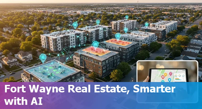 Fort Wayne real estate agent using AI tools on a laptop showing property data and neighborhood map.