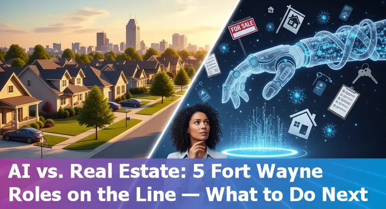 Real estate agent reviewing AI tools with a laptop, Fort Wayne skyline in background