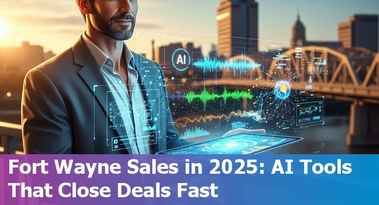 Sales professional using AI tools in Fort Wayne, Indiana in 2025, showing local skyline and tax/regulatory notes