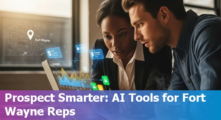 Sales professional using AI tools on a laptop with Fort Wayne city skyline in the background