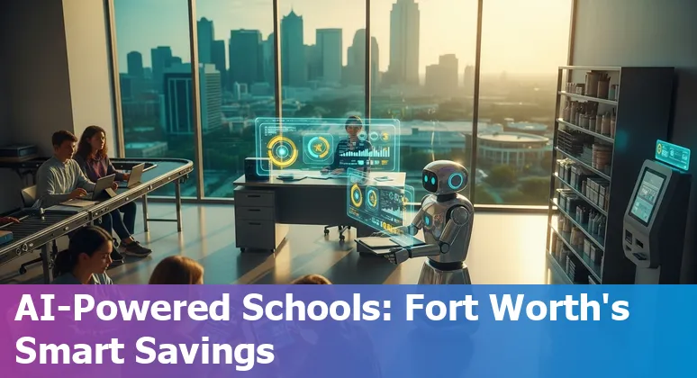 Educators using AI tools in Fort Worth, Texas classroom with city skyline, showing efficiency gains and neighborhood Wi‑Fi access