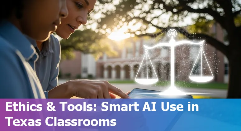 Educators using AI tools in a Fort Worth, Texas classroom with city skyline in the background
