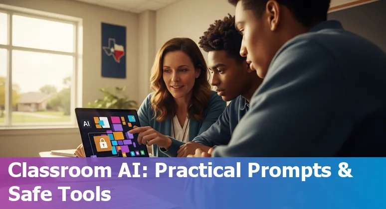 Teacher using AI tools on a laptop in a Fort Worth classroom, icons for Chegg, MagicSchool AI, Canva, LangChain around the screen.