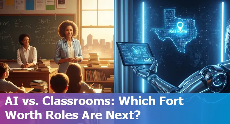 Teacher using AI tools with Fort Worth skyline, representing jobs at risk and reskilling options
