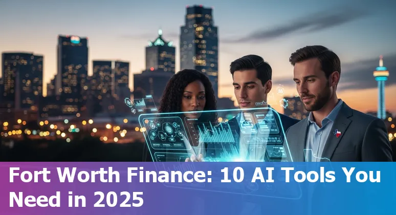 Collage of AI finance tools logos over a Fort Worth skyline with spreadsheets and charts.