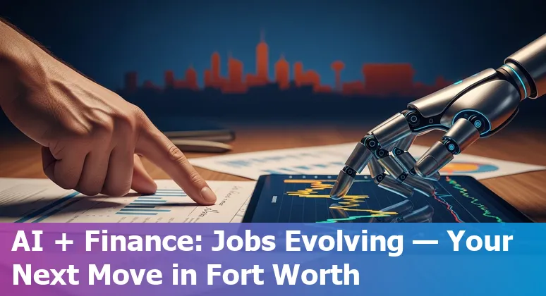 Finance professional using AI tools in Fort Worth, Texas office; skyline or semiconductor plant visible in background