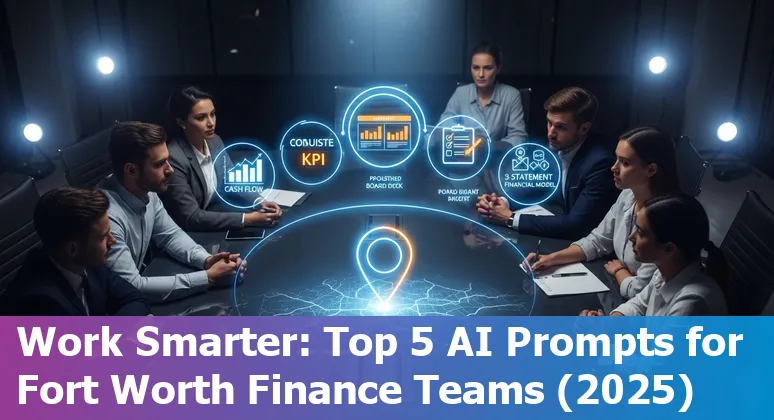 Fort Worth finance team using AI prompts on a laptop with a Fort Worth skyline backdrop.