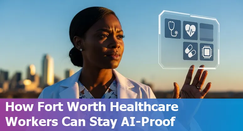 Healthcare worker using tablet with AI icons and Fort Worth skyline in background