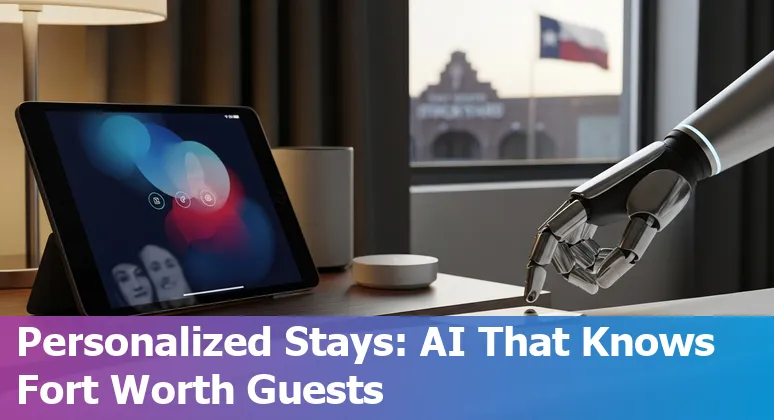 Fort Worth, Texas hotel lobby with AI-driven concierge tablet and Stockyards signage in background