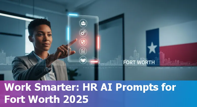 HR professional using AI on a laptop to draft benefits communications and onboarding plans in Fort Worth office