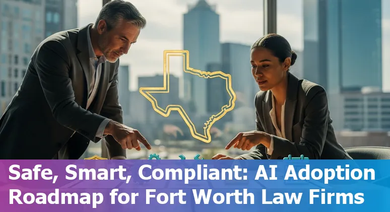 Fort Worth, Texas legal professional using AI tools in 2025 with Dallas–Fort Worth data center skyline in background