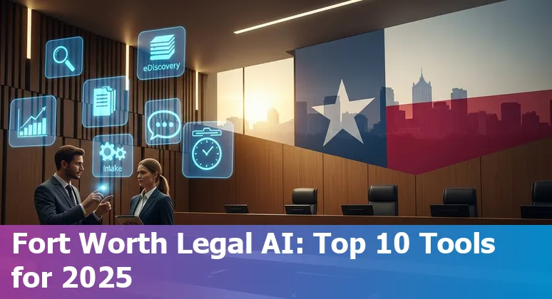 Illustration of Fort Worth courthouse with icons for AI tools like CoCounsel, ChatGPT, Claude, Everlaw, Relativity, and Gavel.io