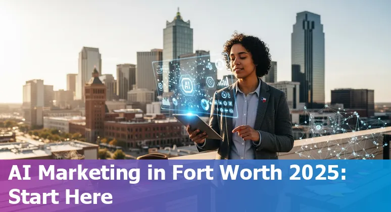 Marketing professional using AI tools in Fort Worth, Texas in 2025, showing local skyline and AI dashboards